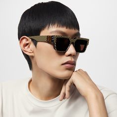 LOUIS VUITTON® - 1.1 Millionaires Damier Pop Sunglasses - Brown Queen Earrings, Sunglasses Brown, Louis Vuitton Official, Bar Top, Pharrell Williams, Grey Lenses, Crossbody Shoulder Bag, Square Sunglasses, Metallica