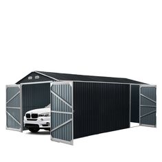 a car is parked in front of a metal garage with the door open to reveal it's side entrance