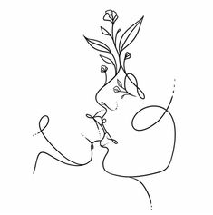 a line drawing of two people kissing and one has a flower in his mouth, while the other is holding onto another person's head