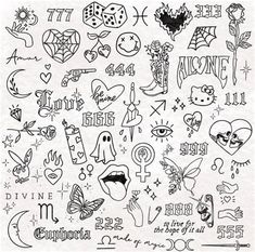 the back side of a sheet of paper with various tattoos on it and some lettering