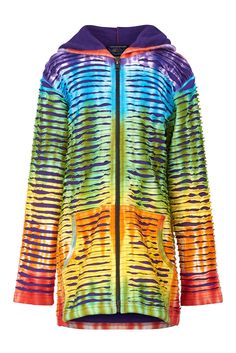 a women's jacket with colorful stripes on the front and back, all in different colors