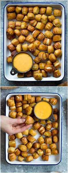 two pictures showing how to make roasted potatoes with dipping sauce