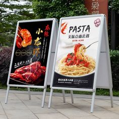 two signs with different types of food on them