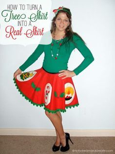 a woman wearing a red skirt and green shirt with the words how to turn a teepees shirt into a real skirt