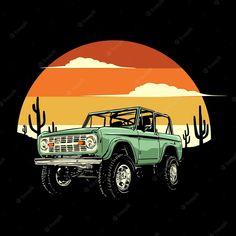 an old green truck parked in front of a sunset with cacti on it