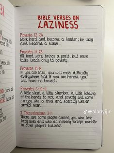 the bible verses on lazineess are written in red and black, along with other words