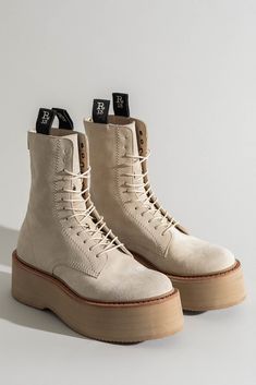 DOUBLE STACK BOOT - KHAKI SUEDE - R13 Dr Shoes, Combat Boot, Aesthetic Shoes, Denim Shoes, Style Chic, Shoe Game, Primavera Estate, Handmade Leather, Lace Up Boots