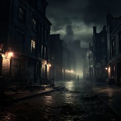 a dark city street at night with the lights on