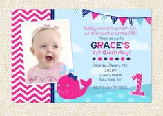 a pink and blue 1st birthday card with an image of a baby whale on it