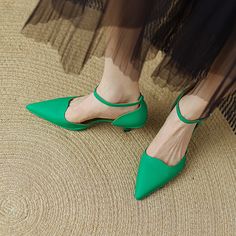 Elegant and stylish heels that offer you an effortless chic look. Upper: Genuine Leather Lining: Genuine Leather Outsole: Rubber Toe Shape: Pointy Toe Heel: 6.5cm/2.5'' Closure: Ankle Strap is_handmade: Yes Green High Heel Slingback Pumps With Padded Heel, Green High Heel Slingback Pumps With Strap, High Heel Court Shoes With Heel Loop For Spring, Spring High Heel Court Shoes With Heel Loop, Green Slingback Pumps With Ankle Strap, Green Pointed Toe Kitten Heels For Spring, Green Pointed Toe Slingback Pumps With Padded Heel, Summer Court Shoes With 4-inch Heel And Ankle Strap, Green Slingback Pumps With Sculpted Heel And Ankle Strap