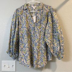 Lauren Conrad Blouse Size Large Brand New With Tags! Blue Floral Print Shirt For Day Out, Blue Floral Print Tops For Daywear, Blue Cotton Blouse For Brunch, Relaxed Fit Blue Blouse For Brunch, Lc Lauren Conrad, Lauren Conrad, Blue Green, Color Blue, Top Blouse