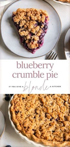 blueberry crumble pie on a white plate