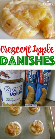 dessert apple danishes on a baking sheet and in the background, there is an image of