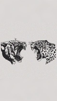 two black and white images of cheetah's facing each other with their mouths open