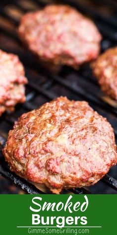 hamburgers cooking on the grill with text overlay that reads smoked burgers grilled