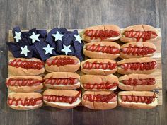 hotdogs with ketchup and relish arranged in the shape of an american flag