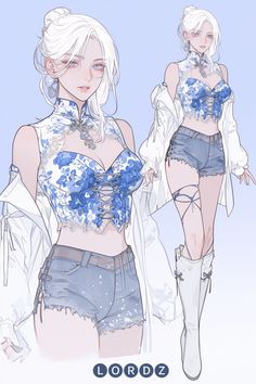 a drawing of two women in short shorts and top with blue flowers on their chest