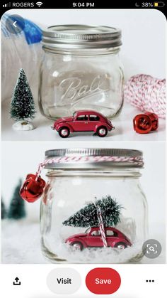 a red car with a christmas tree on top in a mason jar