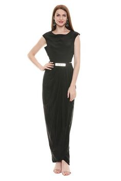 Black maxi dress with draped styling and embellished cutout waistline. Comes with embroidered peplum jacket.
Components: 2
Fabric: Crepe 
Neckline: Round
Sleeve Length: Three quarter
Color: Black
Embroidered
Front tie-up jacket
Floral thread work - Aza Fashions Elegant Draped Skirt For Evening Festivities, Elegant Draped Skirt For Festive Party, Elegant Draped Skirt For Festive Evening, Elegant Draped Skirt For Party And Festive Season, Elegant Festive Draped Skirt, Elegant Floor-length Draped Skirt For Party, Glamorous Fitted Draped Skirt For Evening, Festive Pre-draped Evening Skirt, Festive Evening Pre-draped Skirt