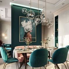 an image of a dining room setting with green chairs and chandelier hanging from the ceiling