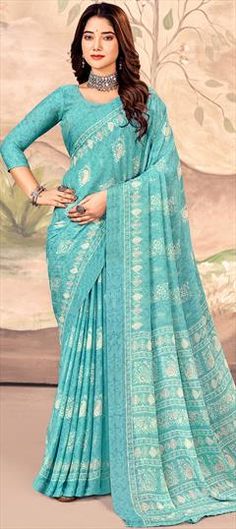 Blue color Saree in Chiffon fabric with Printed work Blue Color Saree, Simple Sarees, Casual Saree, Blouse Length, Chiffon Fabric, Petticoat, Blue Fashion, Saree Designs