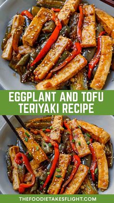 eggplant and tofu teriyaki recipe on a plate with chopsticks