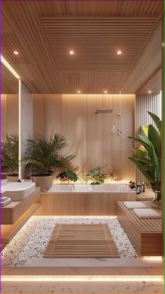 a bathroom with wooden walls and plants in the bathtub, along with a rug on the floor