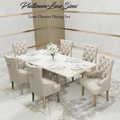 a dining room table and chairs set up in front of a wall with marble flooring