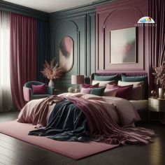 a bedroom with purple walls and pink bedding in the center, along with two blue chairs