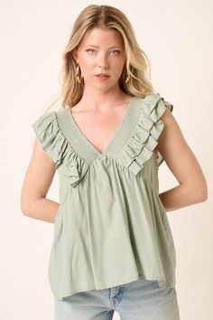 Dusty Sage Ruffle V-Neck Babydoll Blouse - Lavender Hills BeautyMittoshopH14632-SAGE-S Dusty Sage, Babydoll Blouse, Flowy Top, Flowy Tops, Neck Ruffle, Tie Backs, Baby Dolls, Shirts Tops, V Neck