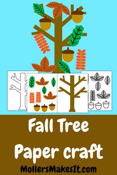 the fall tree paper craft for kids is shown with leaves and acorns on it