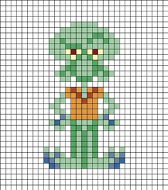 A pixel art template of Squidward from Nickelodeon's SpongeBob SquarePants cartoon program. Squidward Pixel Art, Squidward Perler Beads, Spongebob Pixel Art Grid, Mr Krabs Pixel Art, Spongebob Tapestry Crochet, Alpha Patterns Spongebob