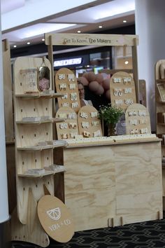 a display case with wooden items on it