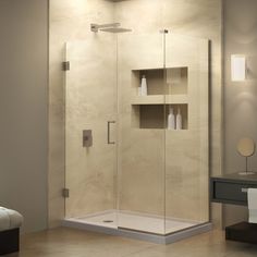 an image of a bathroom setting with glass shower door and shelves on the side wall