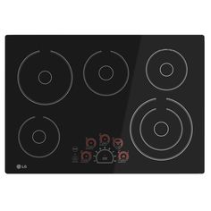 a black stove top with four burners and knobs on the bottom, in front of a white background