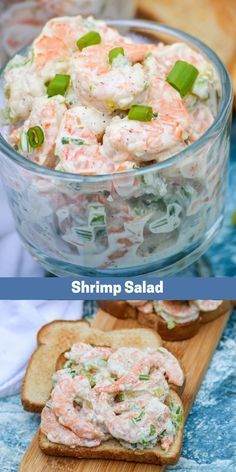 shrimp salad in a glass bowl with bread on the side