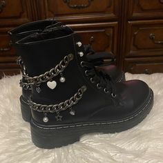 These Boots Are Fun And Practical. The Boots Have Shoe Strings But There Is A Zipper Located On The Side For Easy Access. Some Charms Include A Heart, Pearl, Diamonds And A Star. Happy Poshing! Lace Combat Boots, Womens Duck Boots, Black Sugar, Lug Boots, Gold Boots, Lace Up Combat Boots, Grey Boots, Cute Boots, Duck Boots