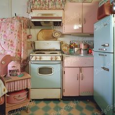 an old fashioned kitchen with pink and blue appliances