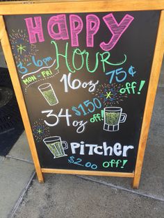 a happy hour sign on the side of a sidewalk with drinks and fireworks in it