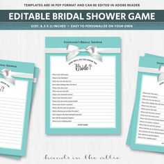 the editable bridal shower game is shown in turquoise and white with silver bows