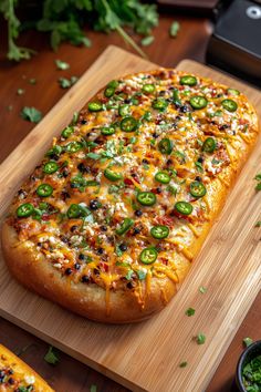 a pizza with peppers and cheese on a cutting board