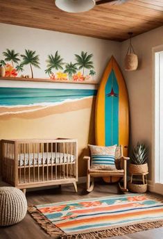 a baby's room with a surfboard painted on the wall and a crib