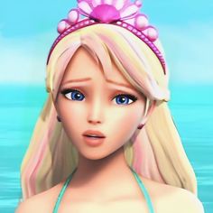 a girl with blonde hair and blue eyes wearing a pink tiara in the water