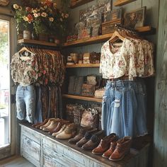 clothing and shoes are on display in a store