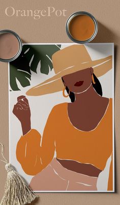 an orange poster with a woman wearing a straw hat and holding a cup of coffee