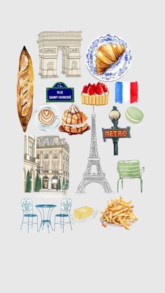 an image of french food with the eiffel tower in the backround