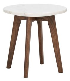 a white table with wooden legs and a round marble top on an isolated white background