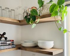 the shelves are filled with dishes and books