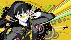 an anime character with long black hair and yellow glasses, standing in front of colorful background