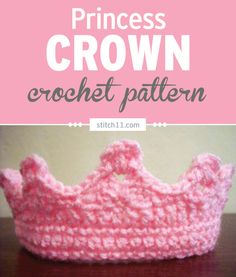 a pink crochet crown sitting on top of a wooden table with the words princess crown